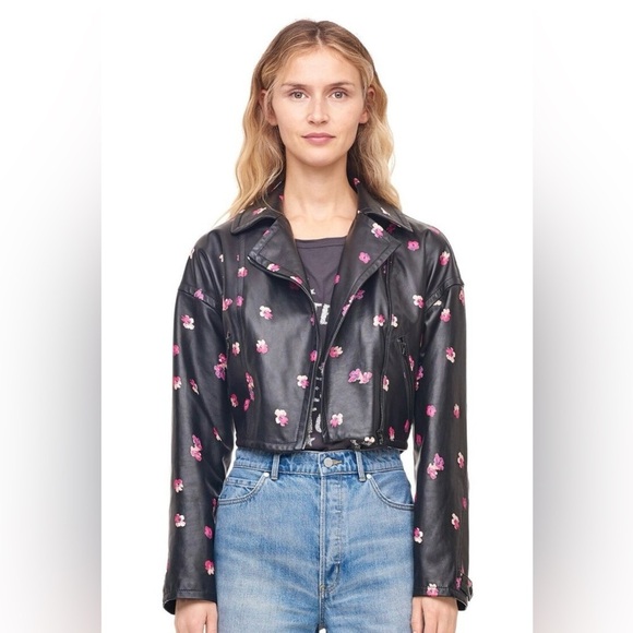 Rebecca Taylor Floriana Black Leather Jacket, Cropped, Pink Flower Print, Sz 2 - Picture 1 of 16